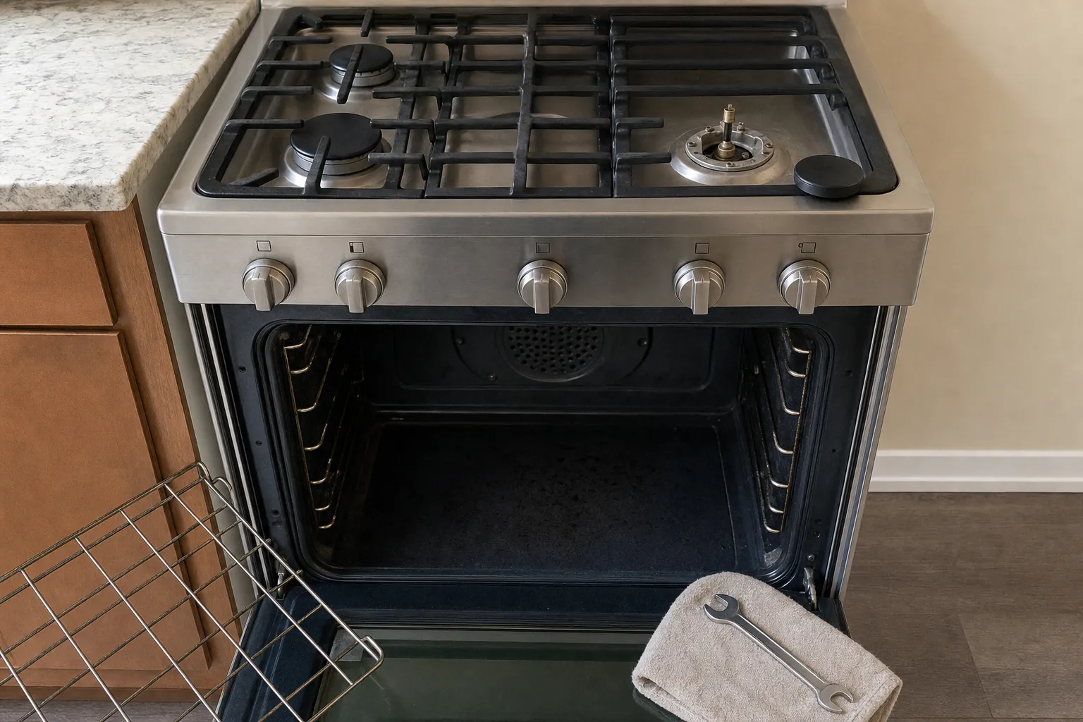 Stainless gas range with the oven door open, one burner cap removed and a wrench on a folded towel