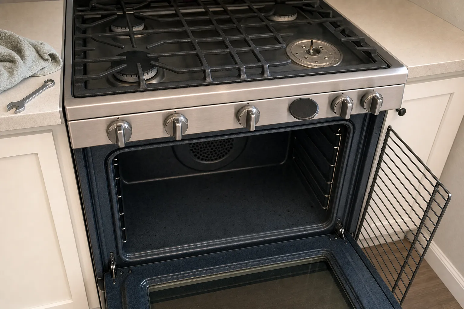 Stainless gas range with the oven door open, a burner apart on the cooktop and a wrench on the counter