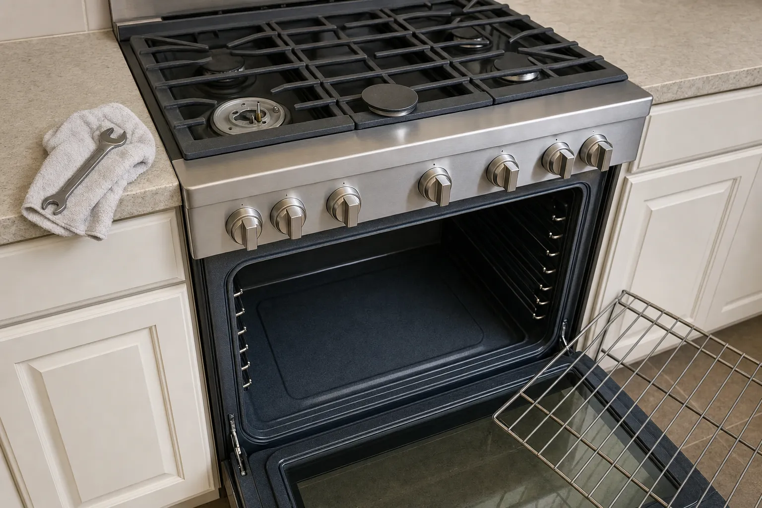 Angled view of a stainless gas range with the oven door lowered and one cooktop burner taken apart