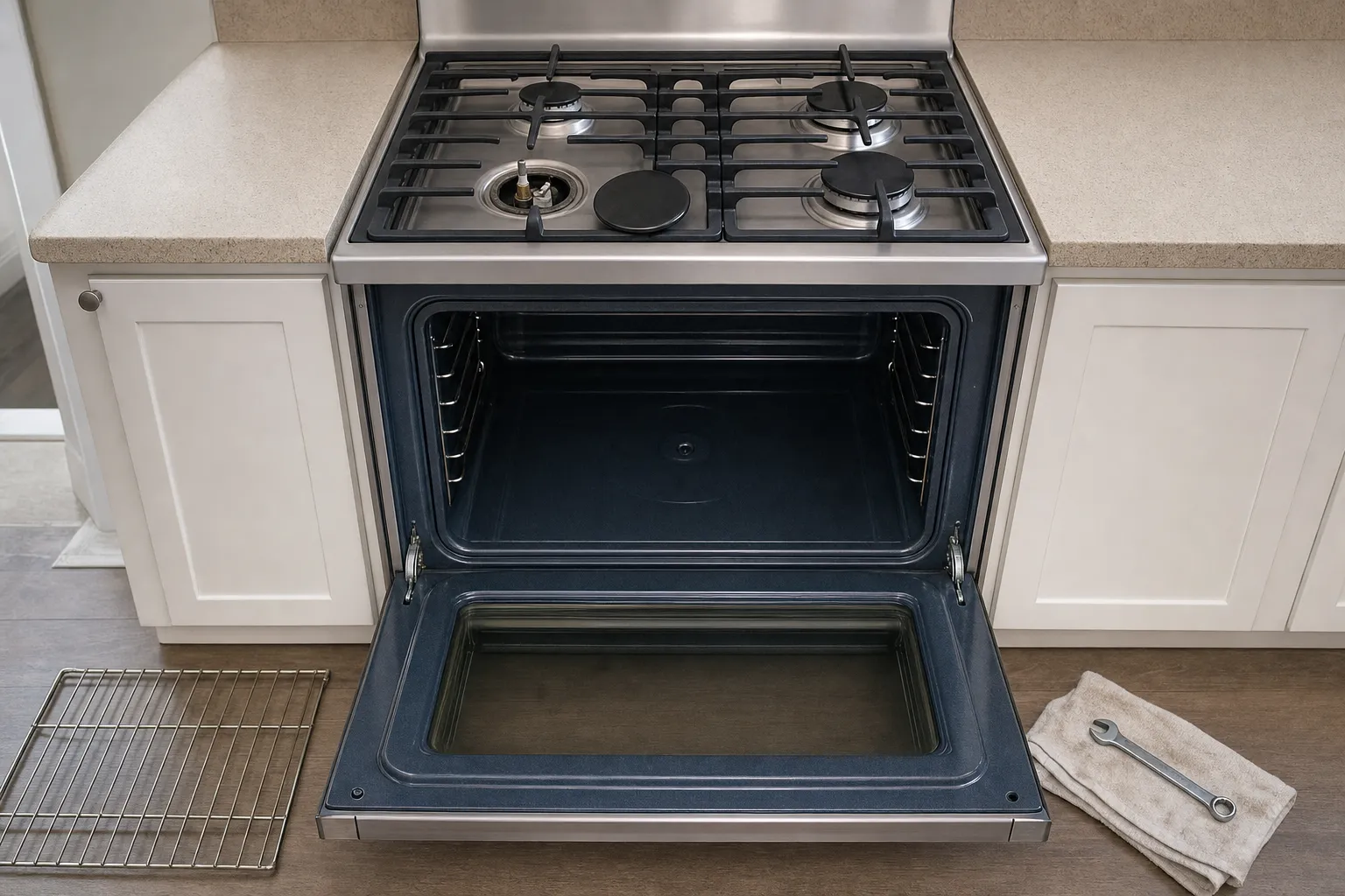 Freestanding stainless gas range with the oven door lowered, a burner taken apart and an oven rack set aside