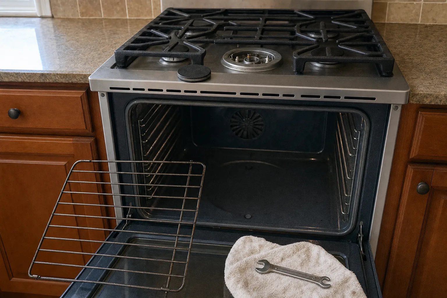 Open oven cavity with a rack pulled out and a wrench on a towel resting on the oven door