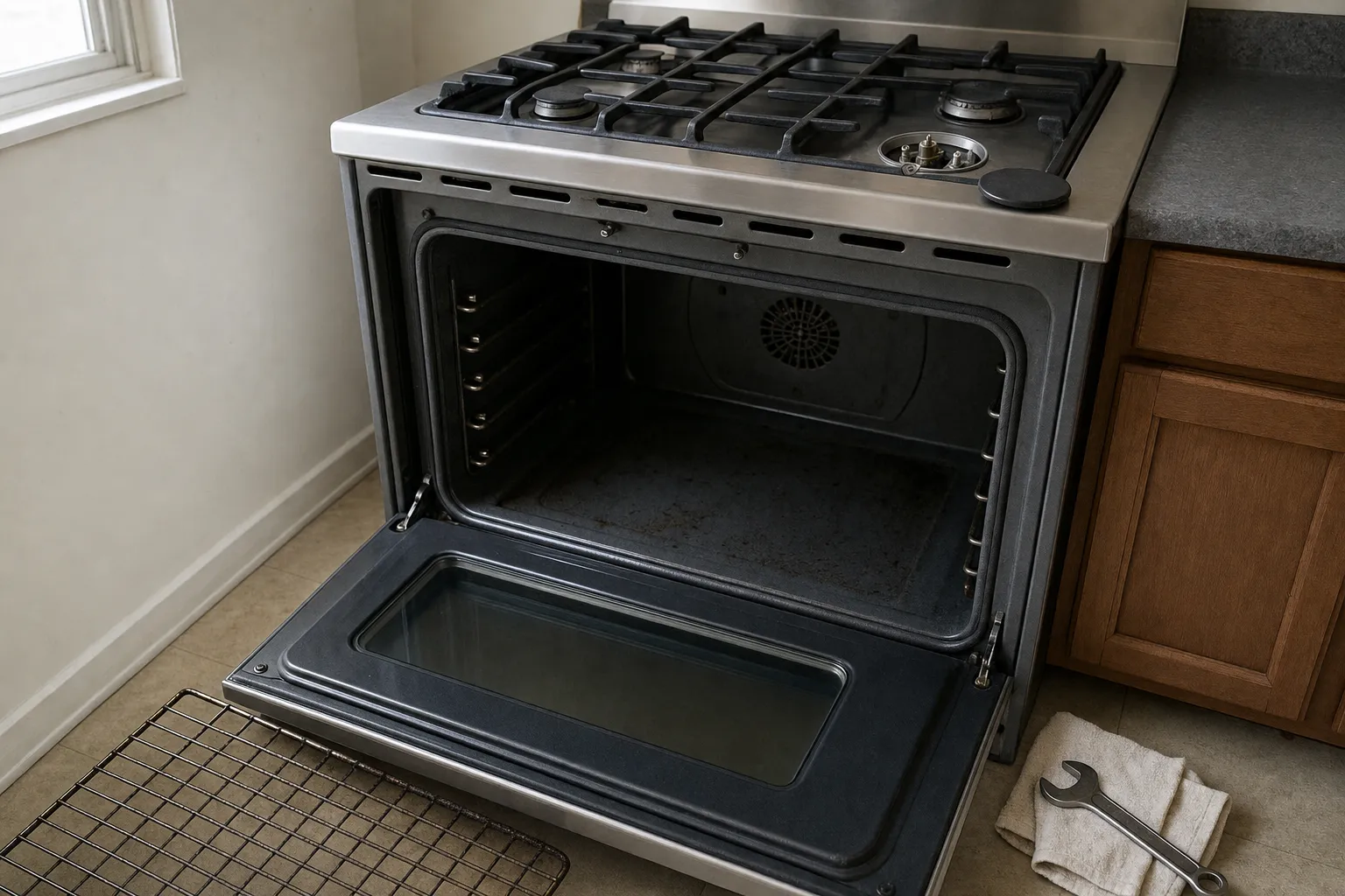 Open oven cavity of a stainless gas range, racks removed and a wrench on a towel on the floor beside it
