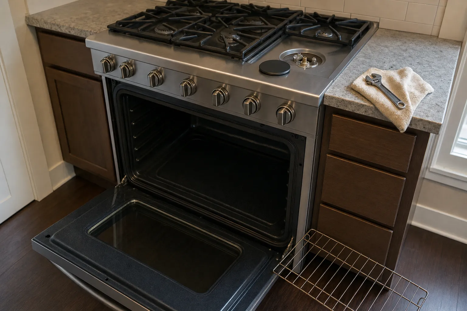 Stainless pro-style range in dark wood cabinets, grated burners on the left and a bare burner base on a flat steel section at the right, with an adjustable wrench on a towel on the counter