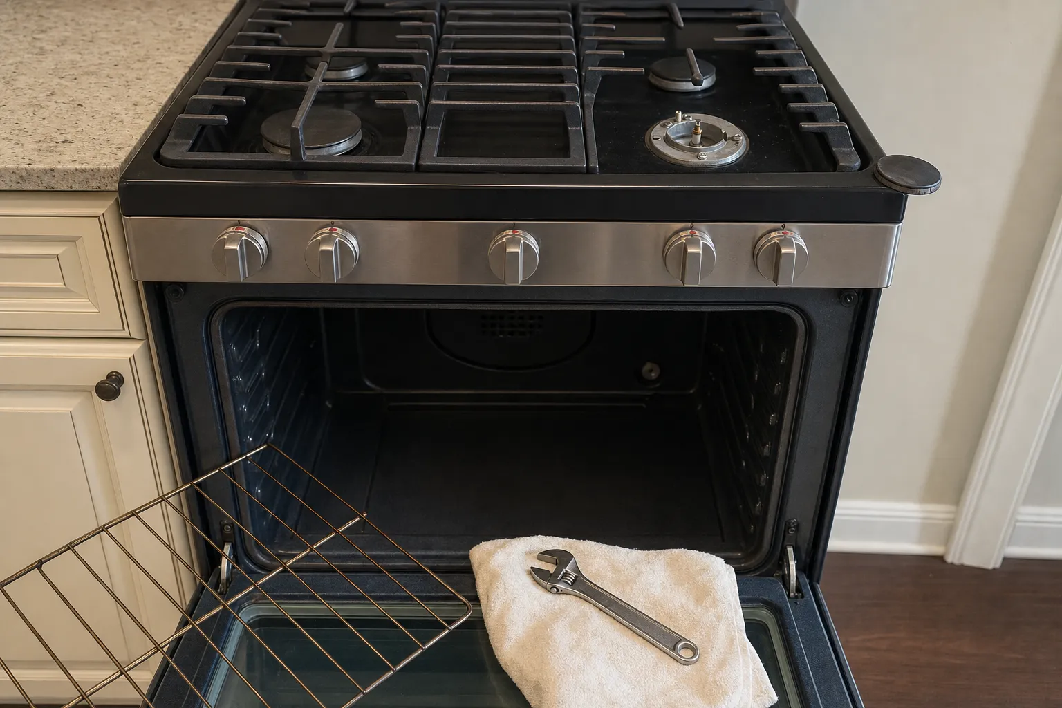 Stainless gas range from above with the right rear burner apart, its cap on the edge of the top, a rack leaning on the door and an adjustable wrench on a towel