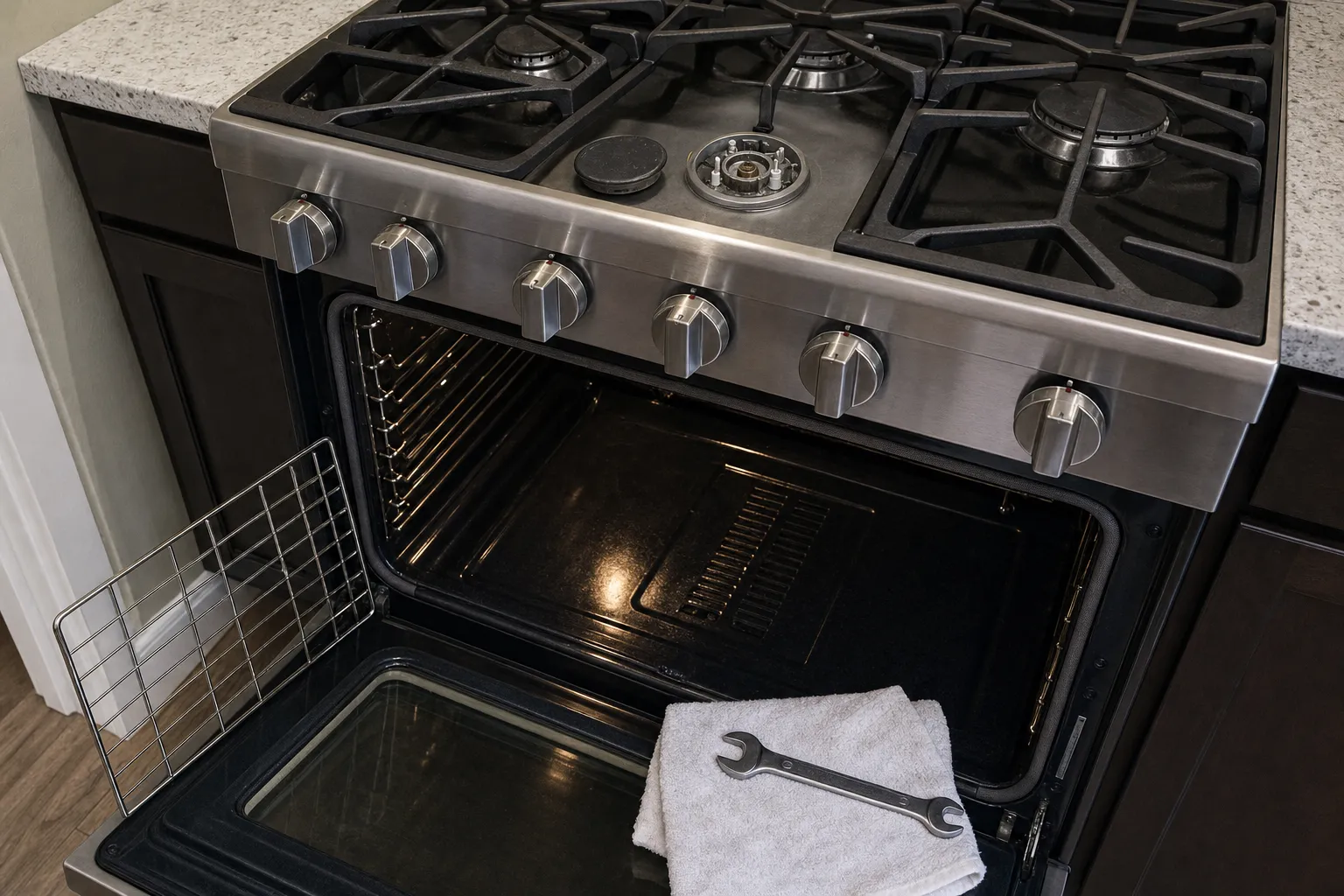 Angled view of a gas range set in dark cabinets, the centre burner base exposed next to its cap and a towel with a wrench on the open oven door